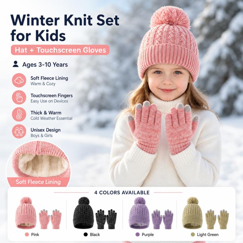 Kids Outdoor Gloves - 子供用冬ニット帽子タッチスクリーン手袋セットフリースライン暖かいポンポンビーニー弾性ソフト屋外雪スキーキャップ手袋アクセサリー3-10Y