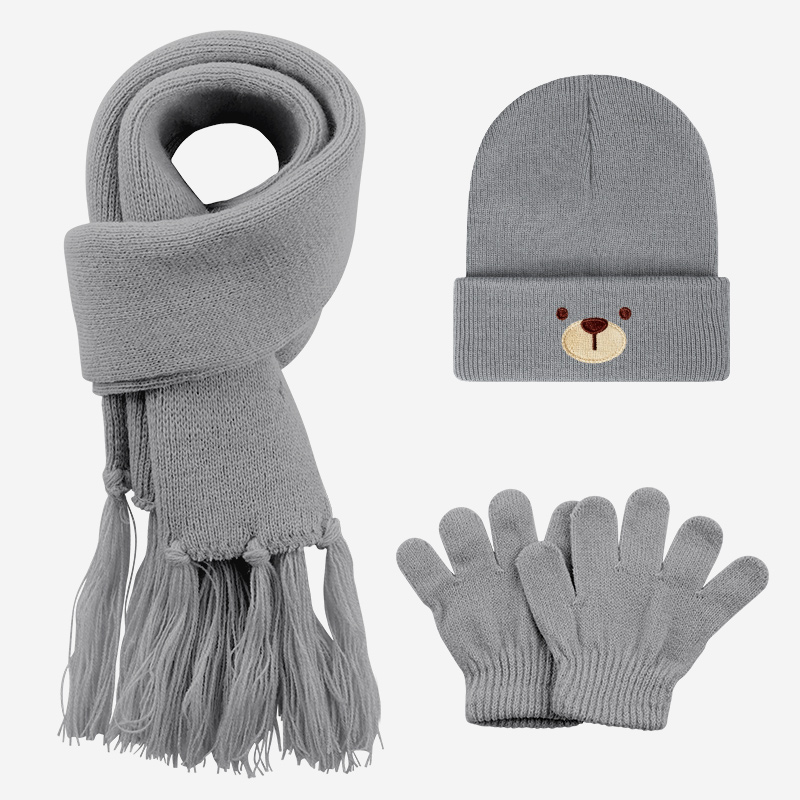 Kids Outdoor Gloves - スタイリッシュで多用途な3点セット 1-3歳向け キッズニットセット クマの顔刺繍入り 柔らかく快適 子供の屋外遊びや普段使いに最適