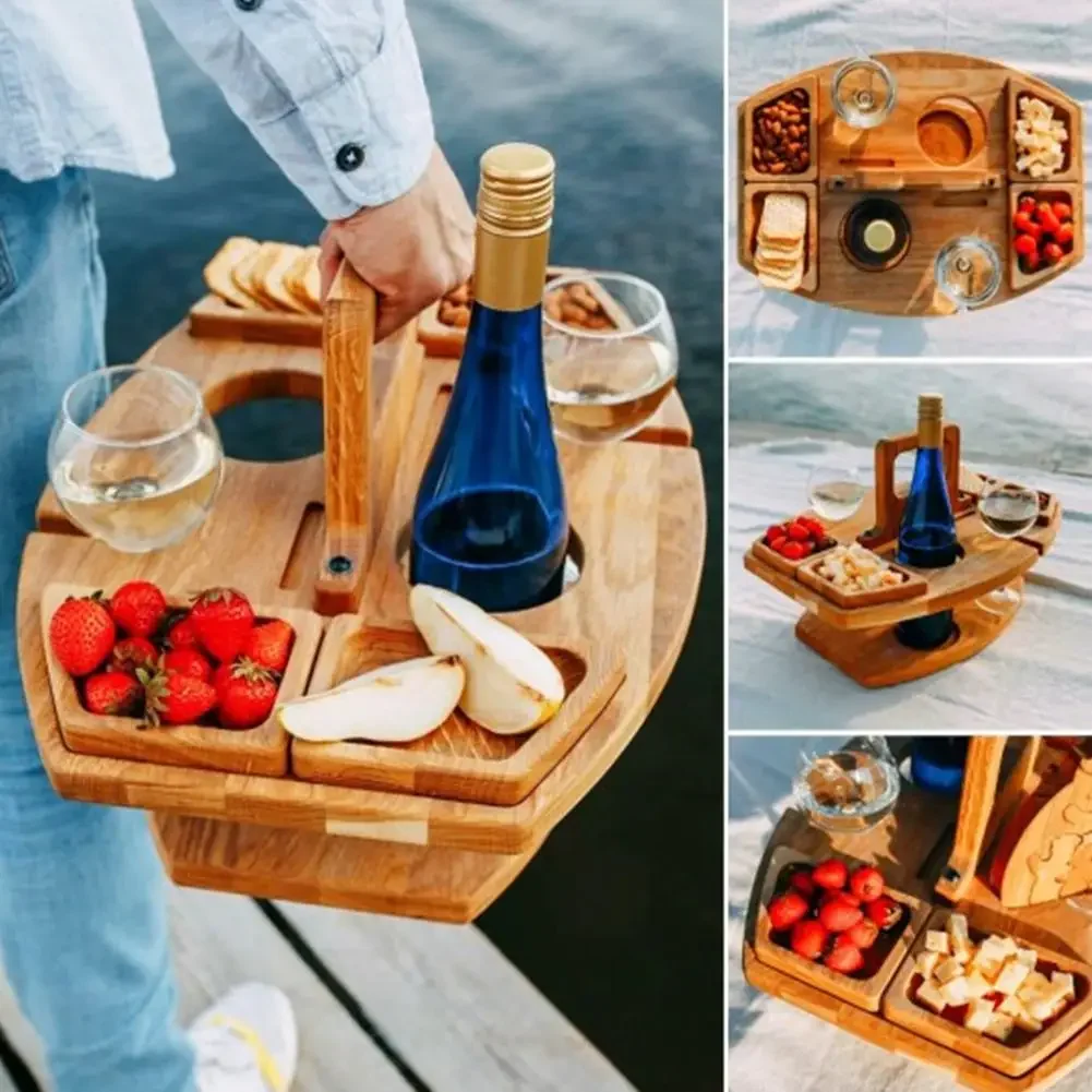 Kids Outdoor Wooden Table - 折りたたみ式屋外ワインテーブル,持ち運び可能な木製ピクニックテーブル,取り外し可能なワイングラスホルダー,フルーツ型スナックトレイ,ハンドル付き