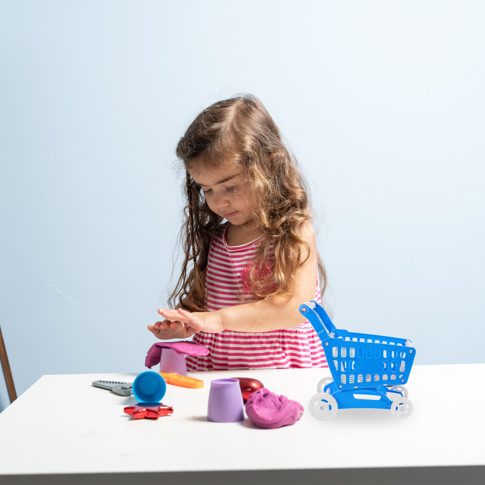 Kids Indoor Outdoor Cart - ミニスーパーマーケットショッピングカート ブルー リアルな小型食料品バスケット 子供用 室内・屋外遊び用 軽量プラスチック製