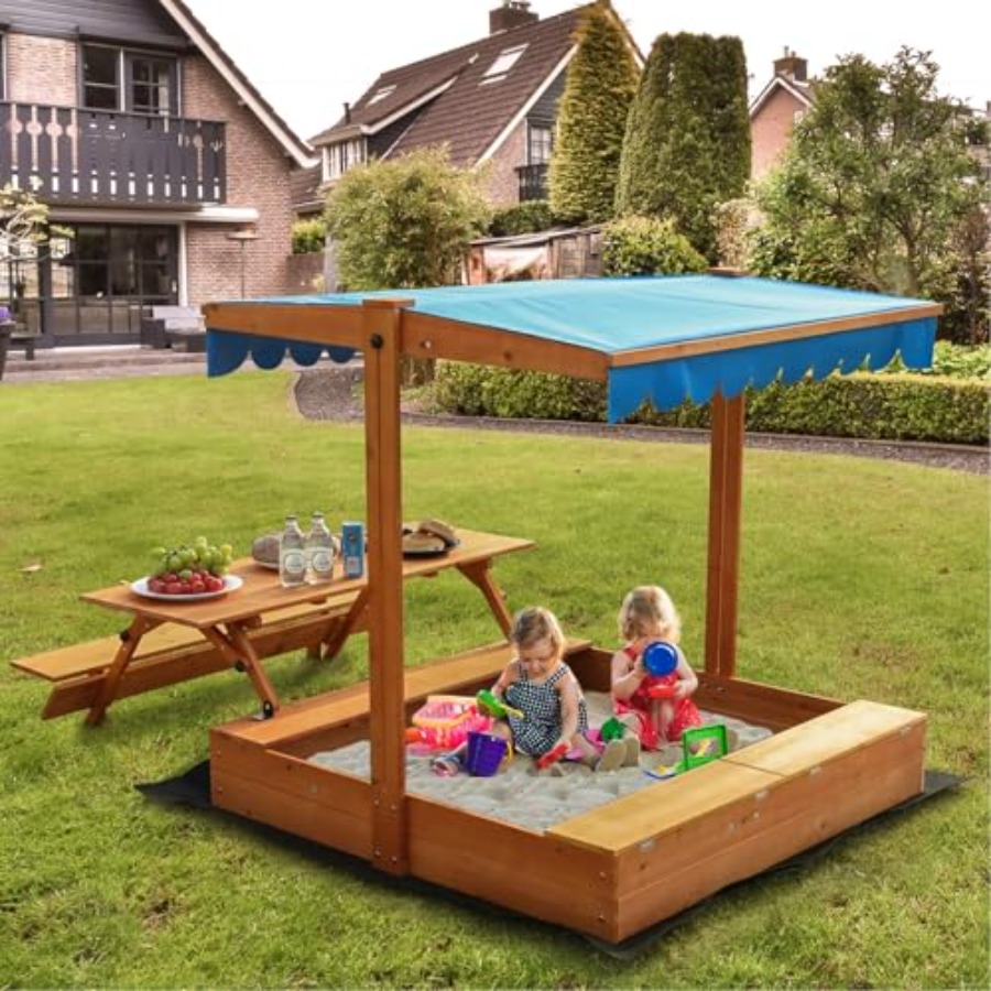 Kids Outdoor Wooden Table - 裏庭用木製キッズサンドボックス、ピクニックテーブルと収納ボックス付き、天然木の色、折りたたみ式ベンチシート、蓋、引き戸付き