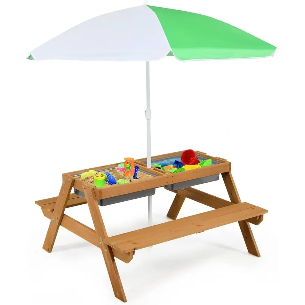 Kids Outdoor Wooden Table - 4-in-1木製砂場＆水遊びピクニックテーブル、取り外し可能なボックスと傘付き、子供用、屋外裏庭ガーデン家具セット