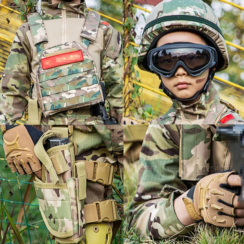 Kids Outdoor Jumpsuit - 子供戦術迷彩スーツ特殊部隊戦闘服子供屋外軍事訓練ベスト手袋膝パッドゴーグル NM33