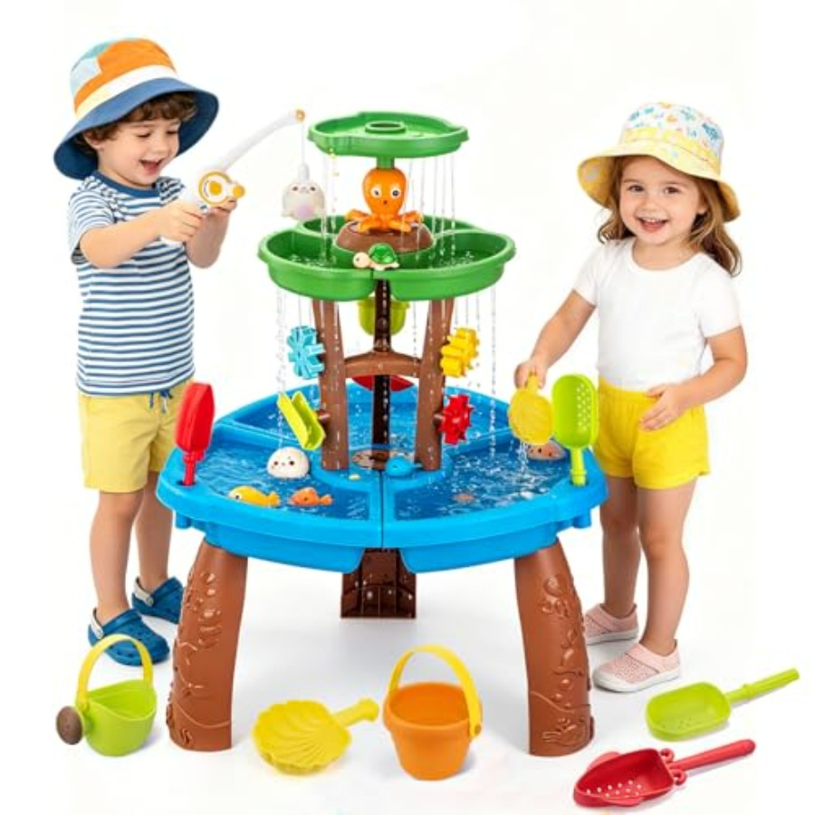 Kids Outdoor Sensory Table - 3歳から8歳向けの屋外用ウォーターテーブルおもちゃ、プラスチック製、青色、釣りゲームセットと感覚遊び用ビーチアクセサリー付き