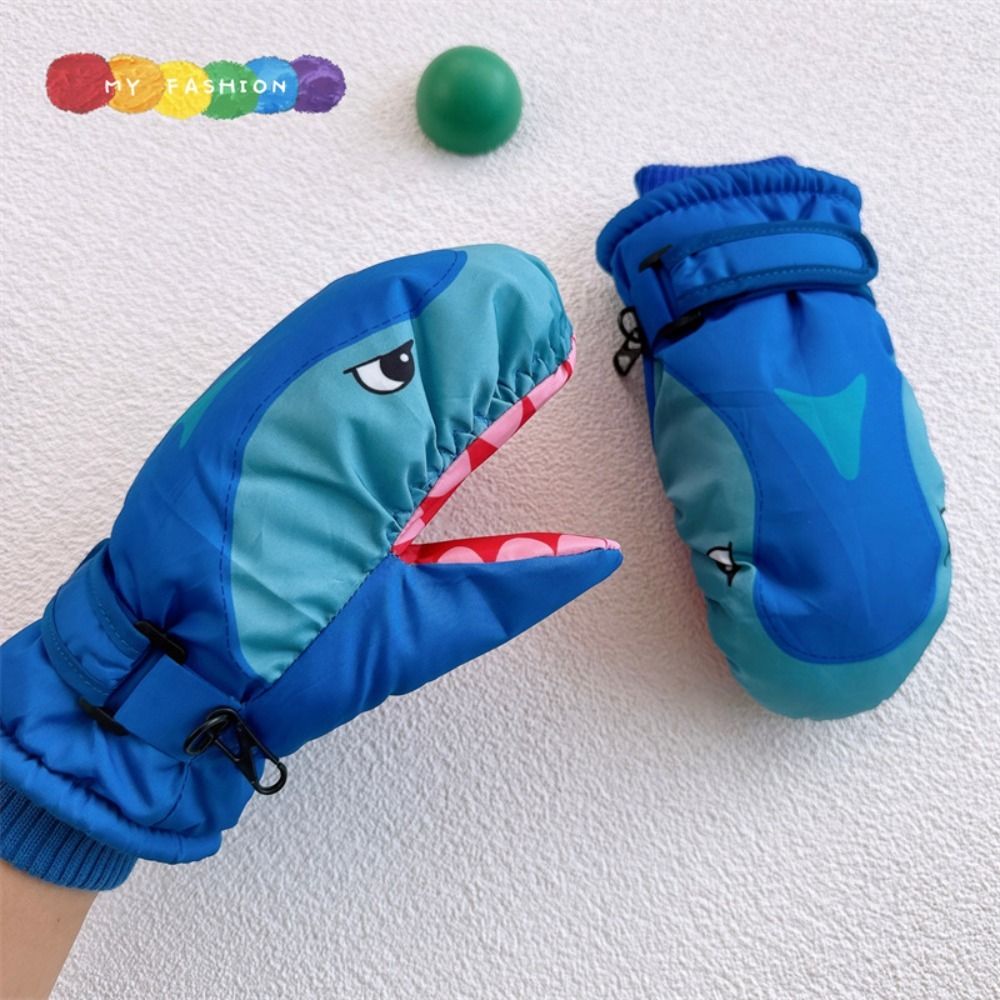 Kids Outdoor Gloves - 漫画子供用スキーグローブ サメ柄 ナックル付き キッズスノーボードミトン 防風 暖かい冬用スキーグローブ