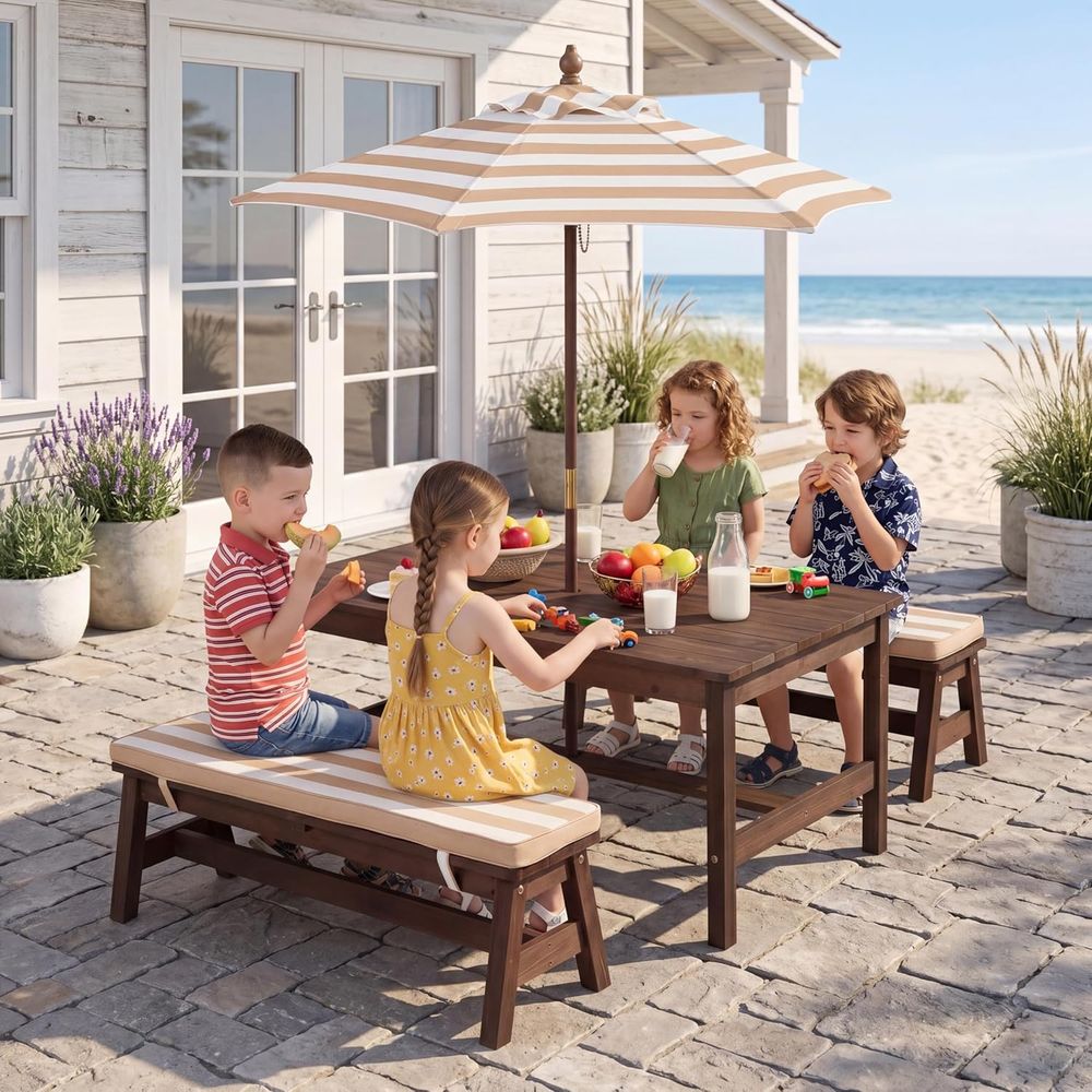 Kids Outdoor Wooden Table - キッズピクニックテーブル、大型42インチx23インチテーブルトップ、IRウッド幼児用屋外テーブル＆ベンチセット、取り外し可能なクッションと傘付き、子供用