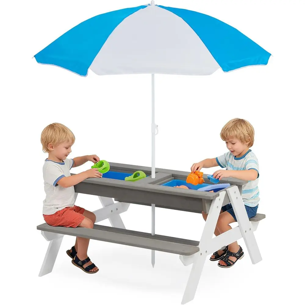 Kids Outdoor Wooden Table - 子供用3-in-1木製ピクニックテーブル、屋外砂場・水遊び用、4人掛け、傘付き