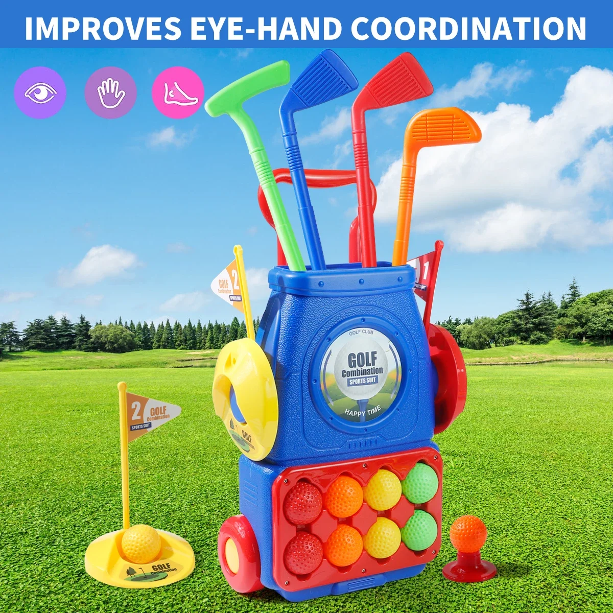 Kids Indoor Outdoor Cart - MQUDUO キッズゴルフパッティングゲームセット ローリングカート、クラブ、ボール、ターゲットボード付き 屋内屋外裏庭スポーツギフト用