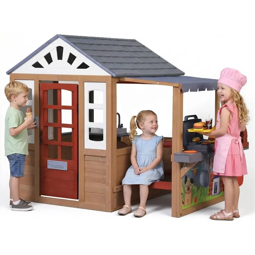 Kids Outdoor Wooden Table - 子供用屋外木製プレイハウス、CeWoodenプレイハウス、3歳から8歳のお子様向け、BBQグリル、キッチンセット、ピクニックテーブル、お絵かき用ホワイトボード付き
