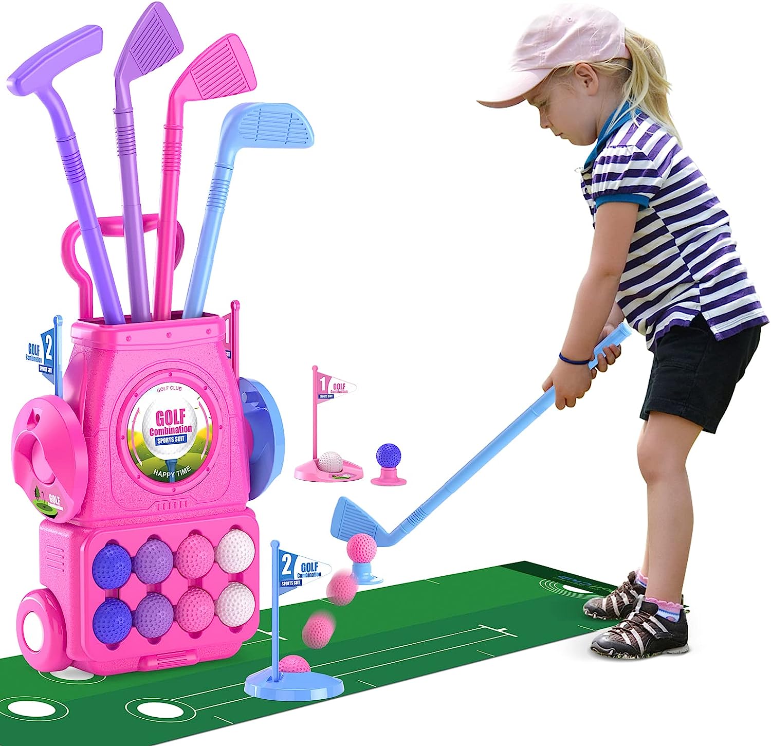 Kids Indoor Outdoor Cart - ピンクのキッズゴルフクラブセット、パッティングマット、幼児用ゴルフクラブ4本、ホイール付きゴルフカート、屋内外スポーツ玩具（子供用）