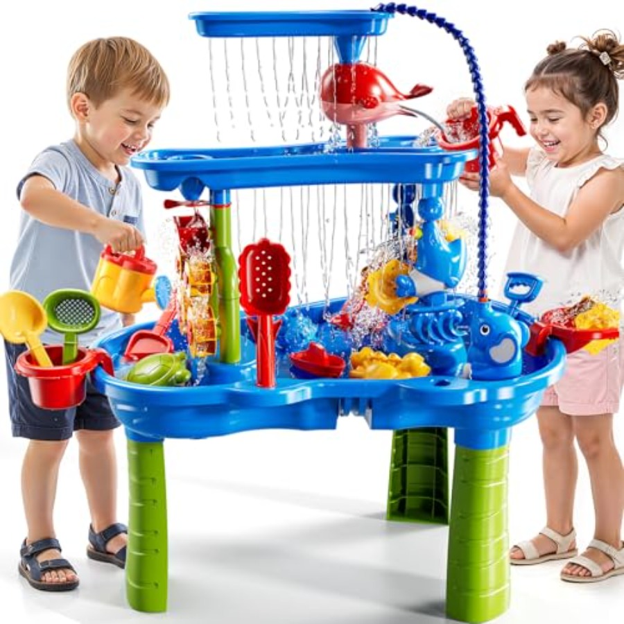Kids Outdoor Sensory Table - 4歳から8歳向けの屋外用ウォーターテーブル、プラスチック製、青色、機能的なウォーターポンプと感覚的な砂水遊び機能付き