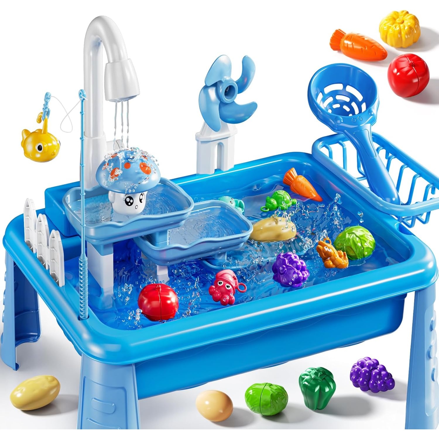 Kids Outdoor Water Play Table - 子供用ウォーターテーブル遊び場シンクおもちゃ、流水付き屋外キッチン、釣りゲーム、幼児用水遊びテーブル、ビーチ屋外おもちゃ
