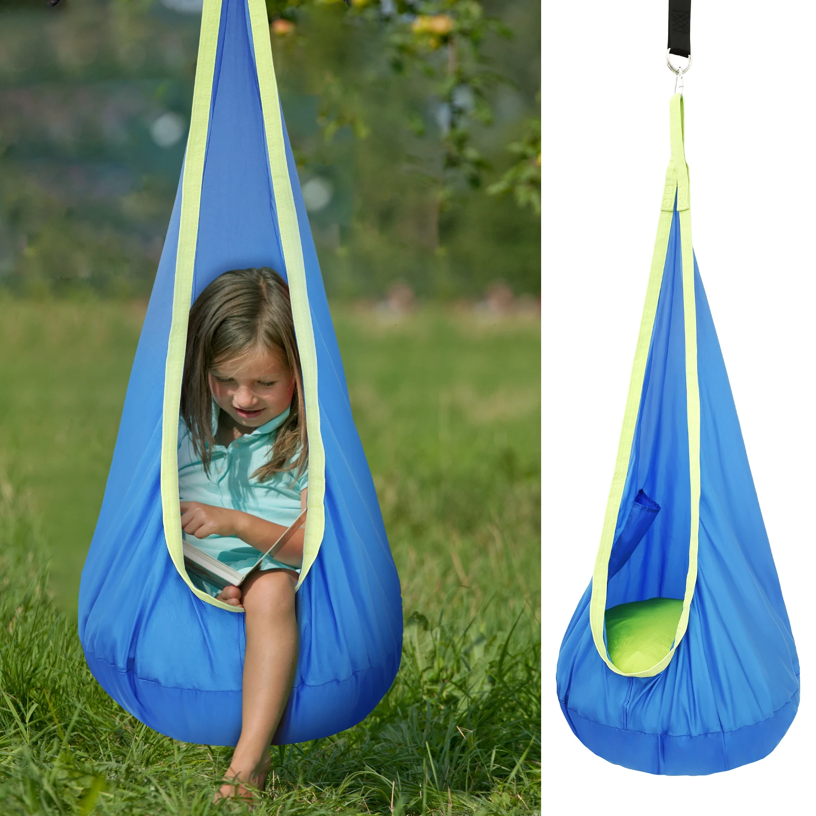 Kids Outdoor Hammock Swing - チェアセンサリースイングチェア キッズポッドスイングシート ポータブルハンモックチェアスイング インフレータブルピロー付き ハンギングハンモック 最大耐荷重200kg