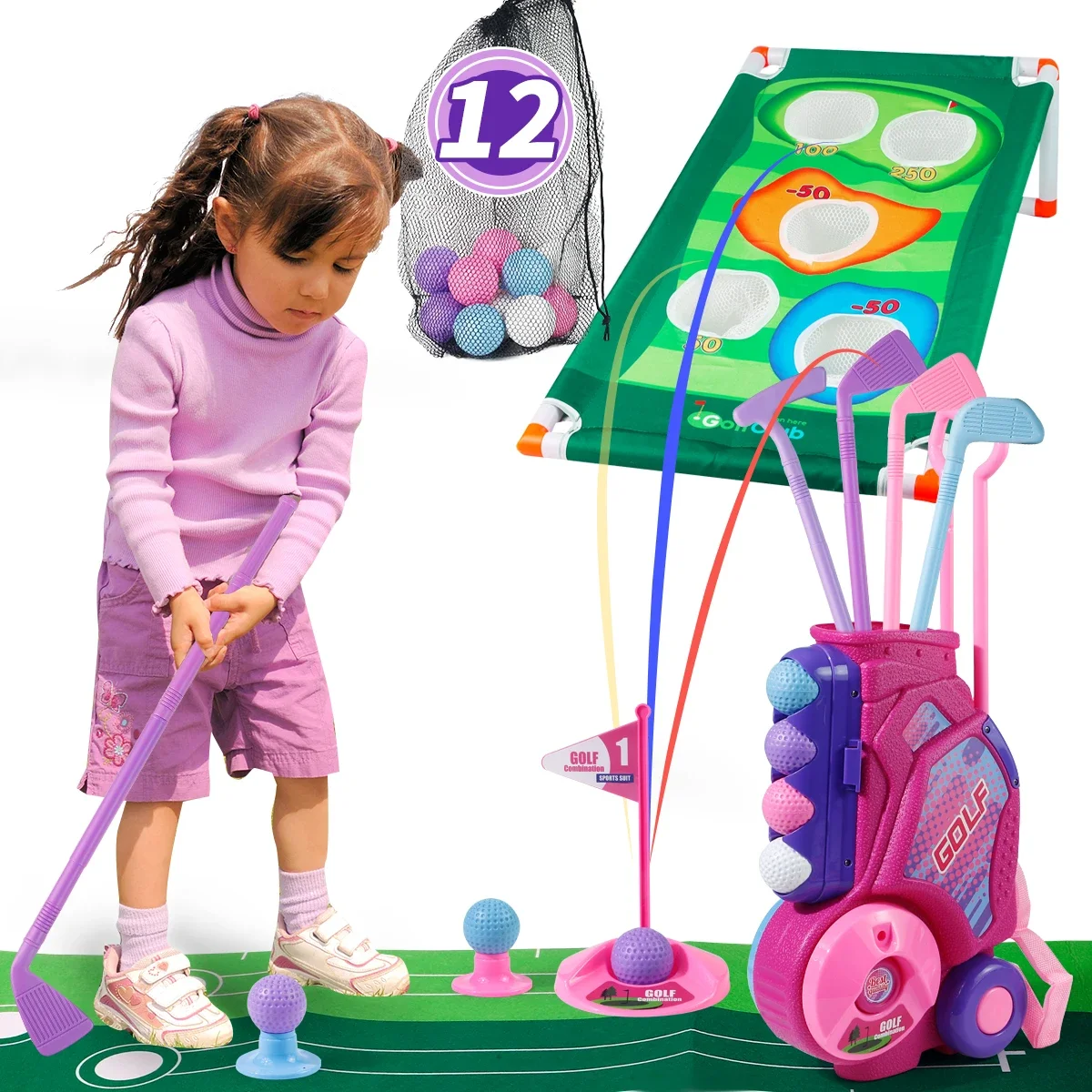 Kids Indoor Outdoor Cart - MQUDUO キッズゴルフクラブセット ポータブルバッグカート、ボール、パッティンググリーン付き、屋内屋外スポーツゲームギフト