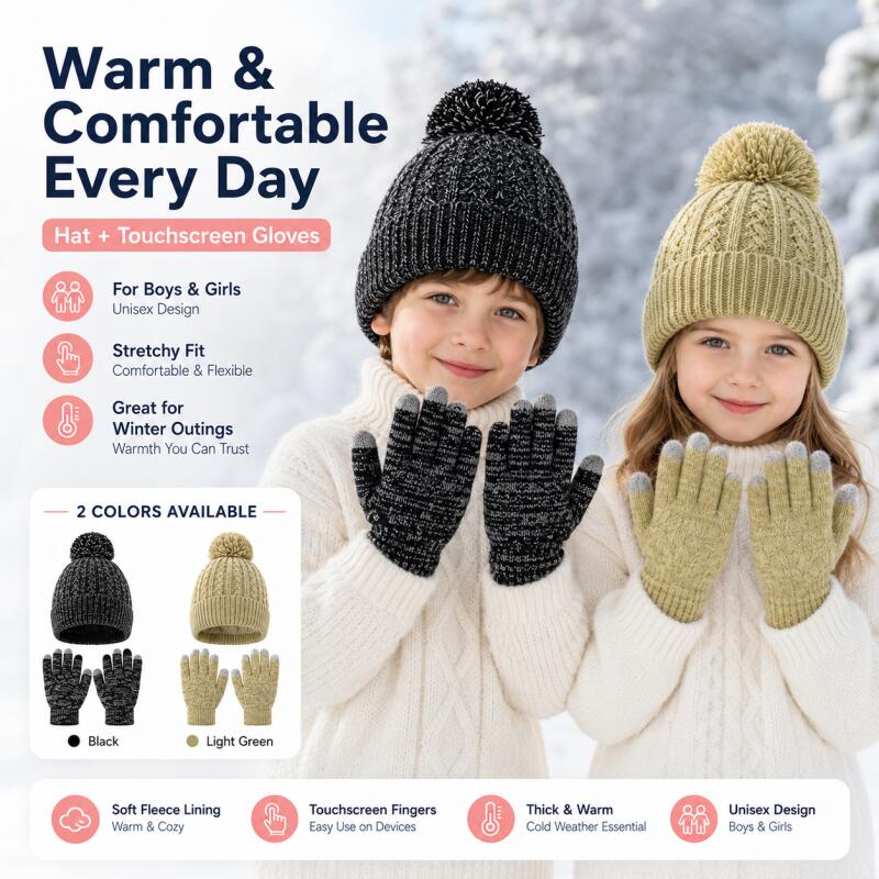 子供用冬ニット帽子タッチスクリーン手袋セットフリースライン暖 - Kids Outdoor Gloves のレビューと価格
