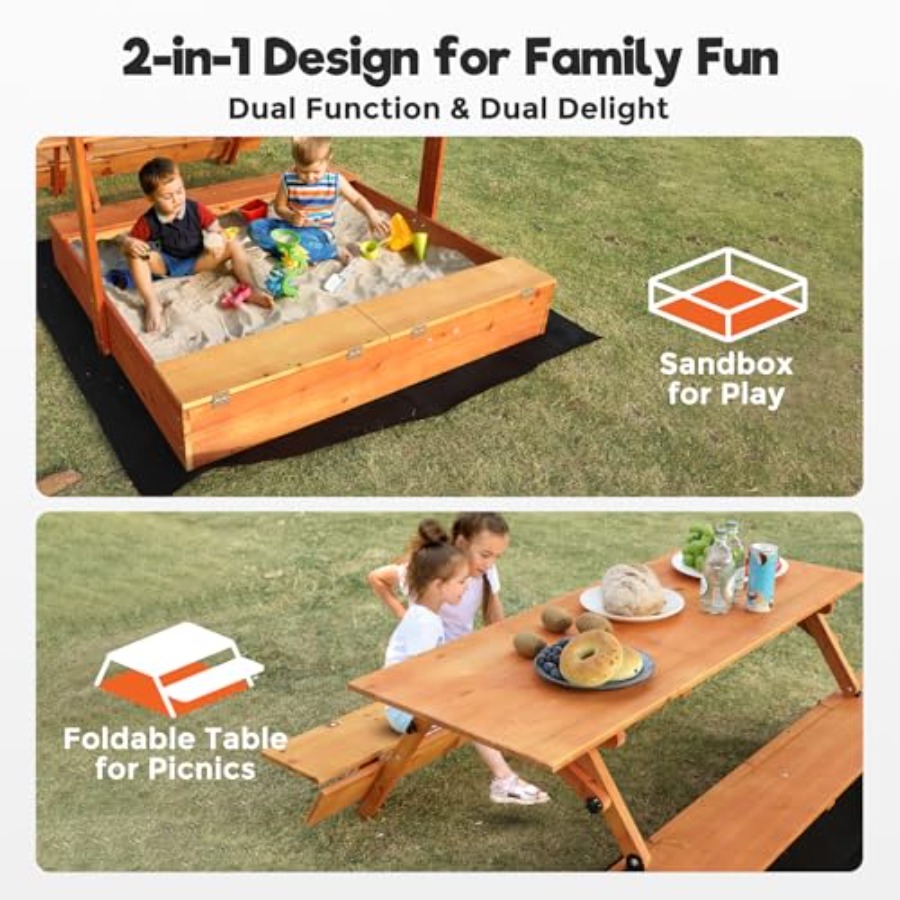 裏庭用木製キッズサンドボックス、ピクニックテーブルと収納ボッ - Kids Outdoor Wooden Table のレビューと価格