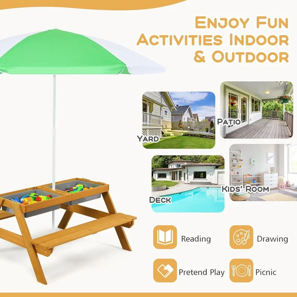 3in1高さ調節可能傘付きキッズピクニックテーブル、水遊び＆ - Kids Outdoor Wooden Table のレビューと価格