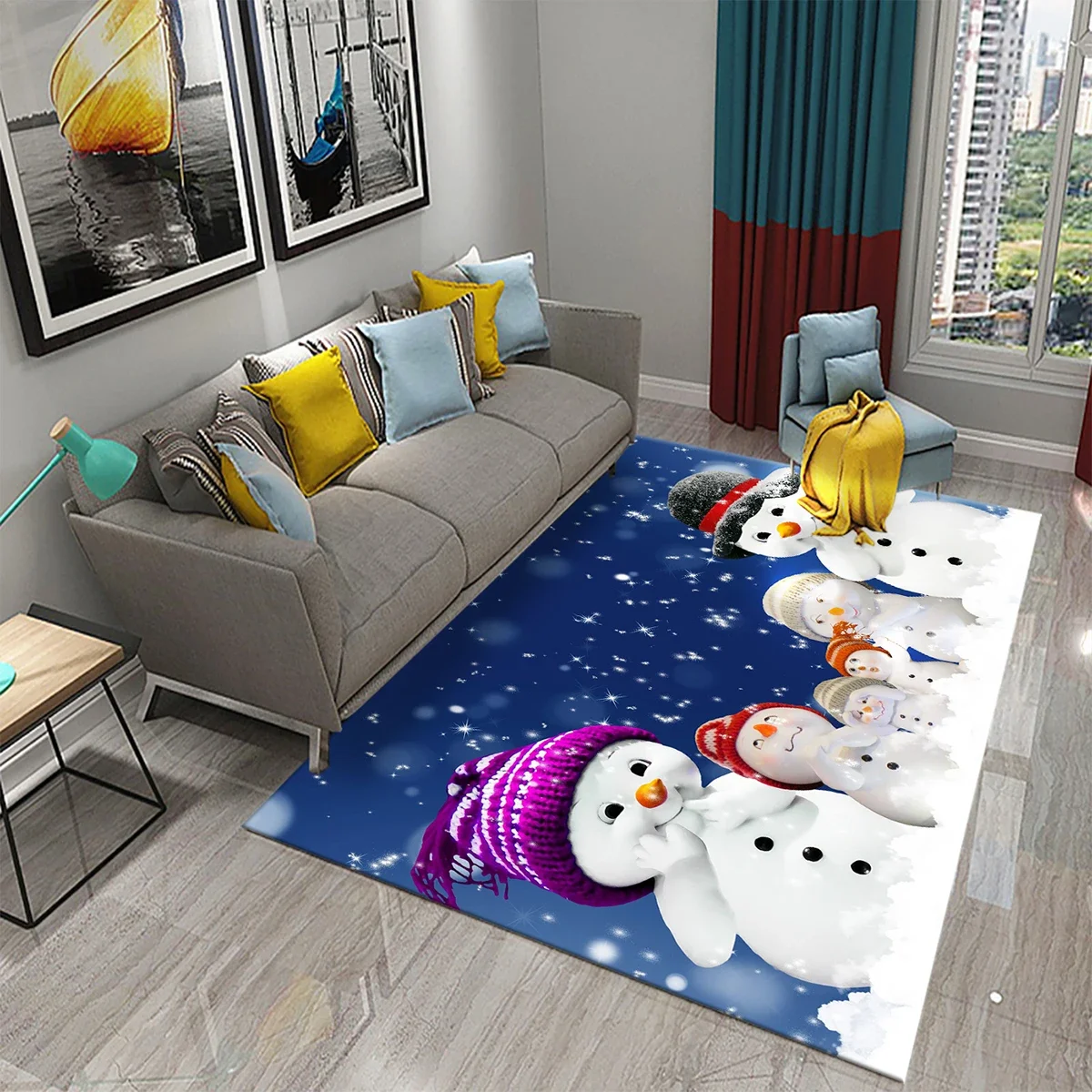 素敵な漫画雪だるまカーペットスノーフレークラグ冬の雪プリント - Kids Outdoor Yoga のレビューと価格