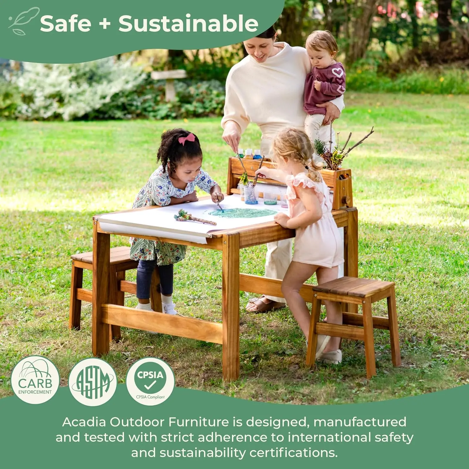 アカディア屋外用アートテーブル＆スツールセット：子供用アカシ - Kids Outdoor Wooden Table のレビューと価格