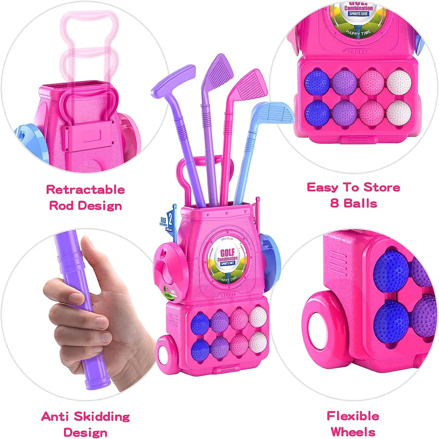 ピンクのキッズゴルフクラブセット、パッティングマット、幼児用 - Kids Indoor Outdoor Cart のレビューと価格
